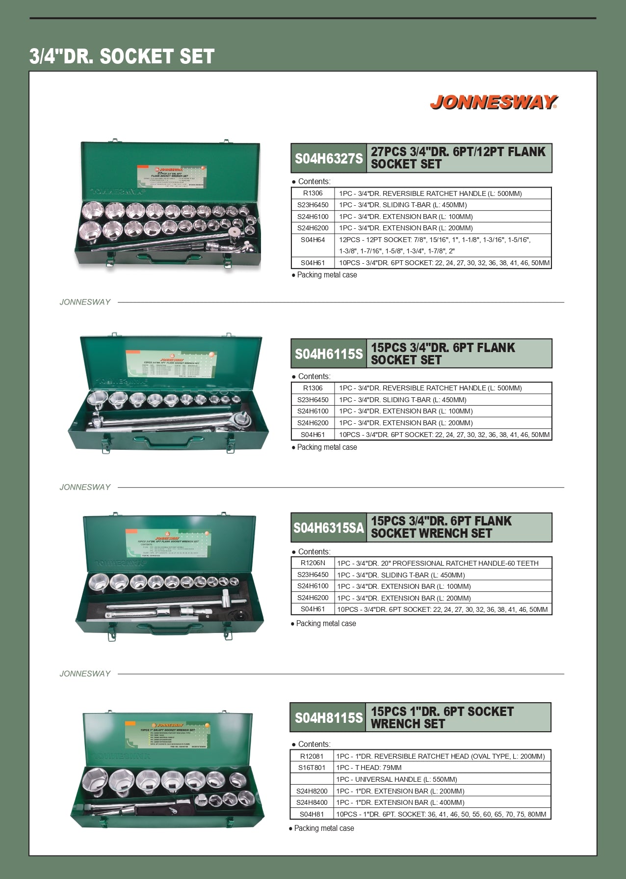 JONNESWAY® SOCKET, LEVER AND RATCHET SET 3/4" - 6 POINT (15 PIECES)