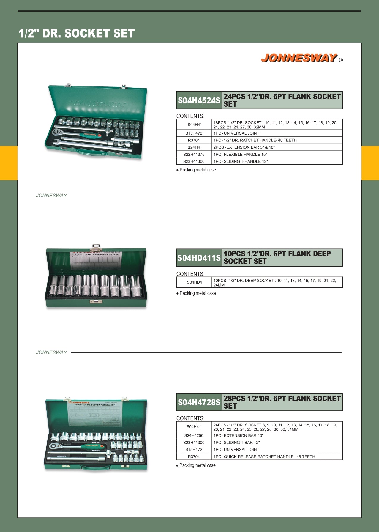 JONNESWAY® JUEGO DE DADOS, RATCHET, EXTENSIONES y MANGOS MILIMETRICO 6 PUNTAS - 1/2" (24 PIEZAS)