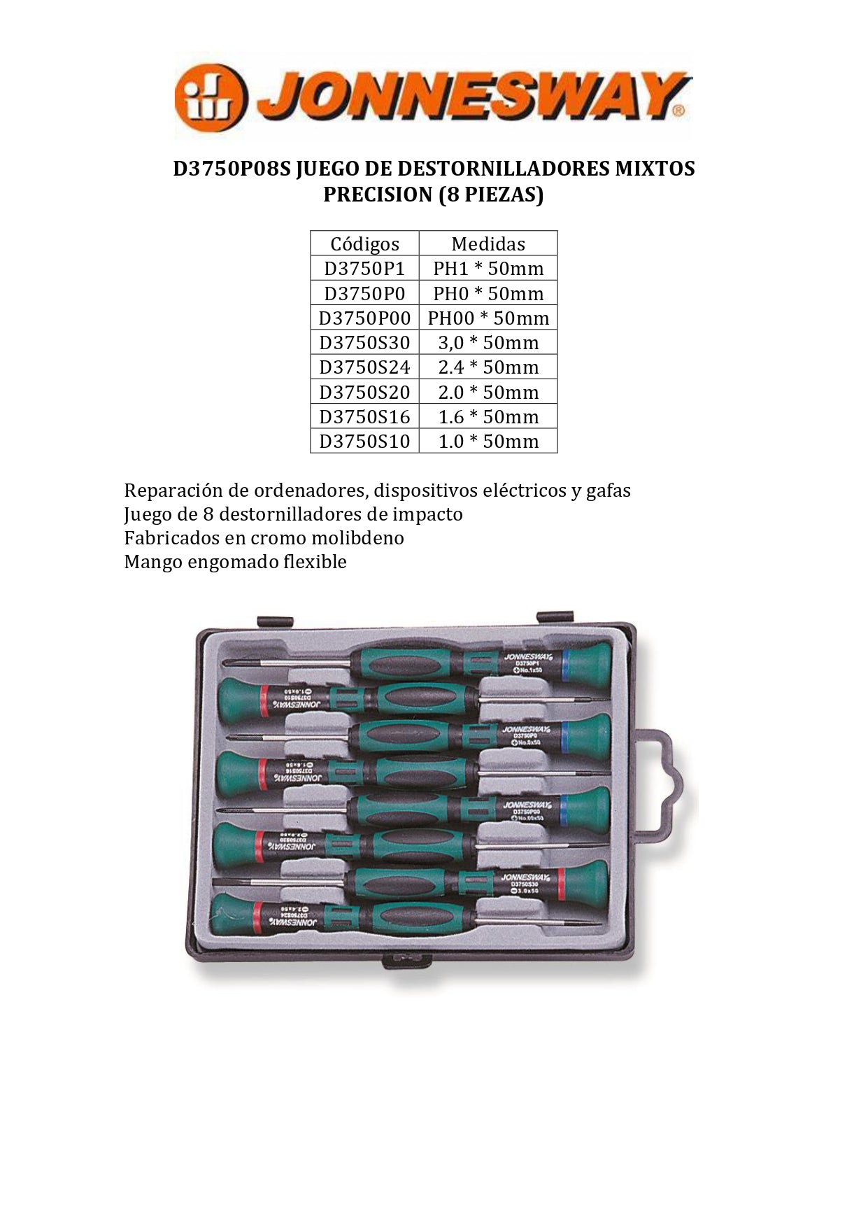 JONNESWAY® JUEGO DE DESTORNILLADORES MIXTOS PRECISION (8 PIEZAS)