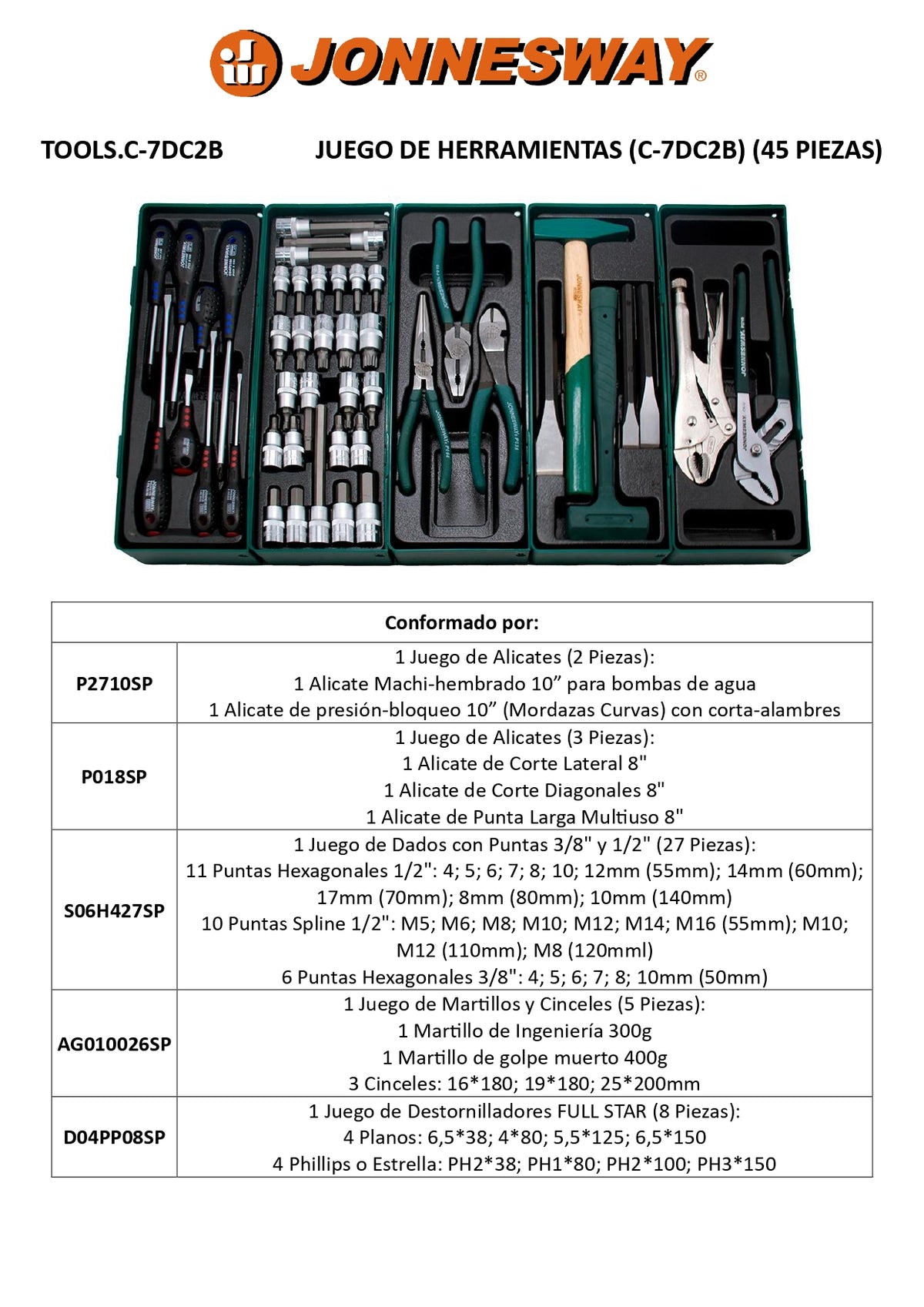 JONNESWAY® TOOL KIT 'P2710SP + P018SP + S06H427SP + AG010026SP + D04PP08SP' (C-7DC2B) (45 PIECES)