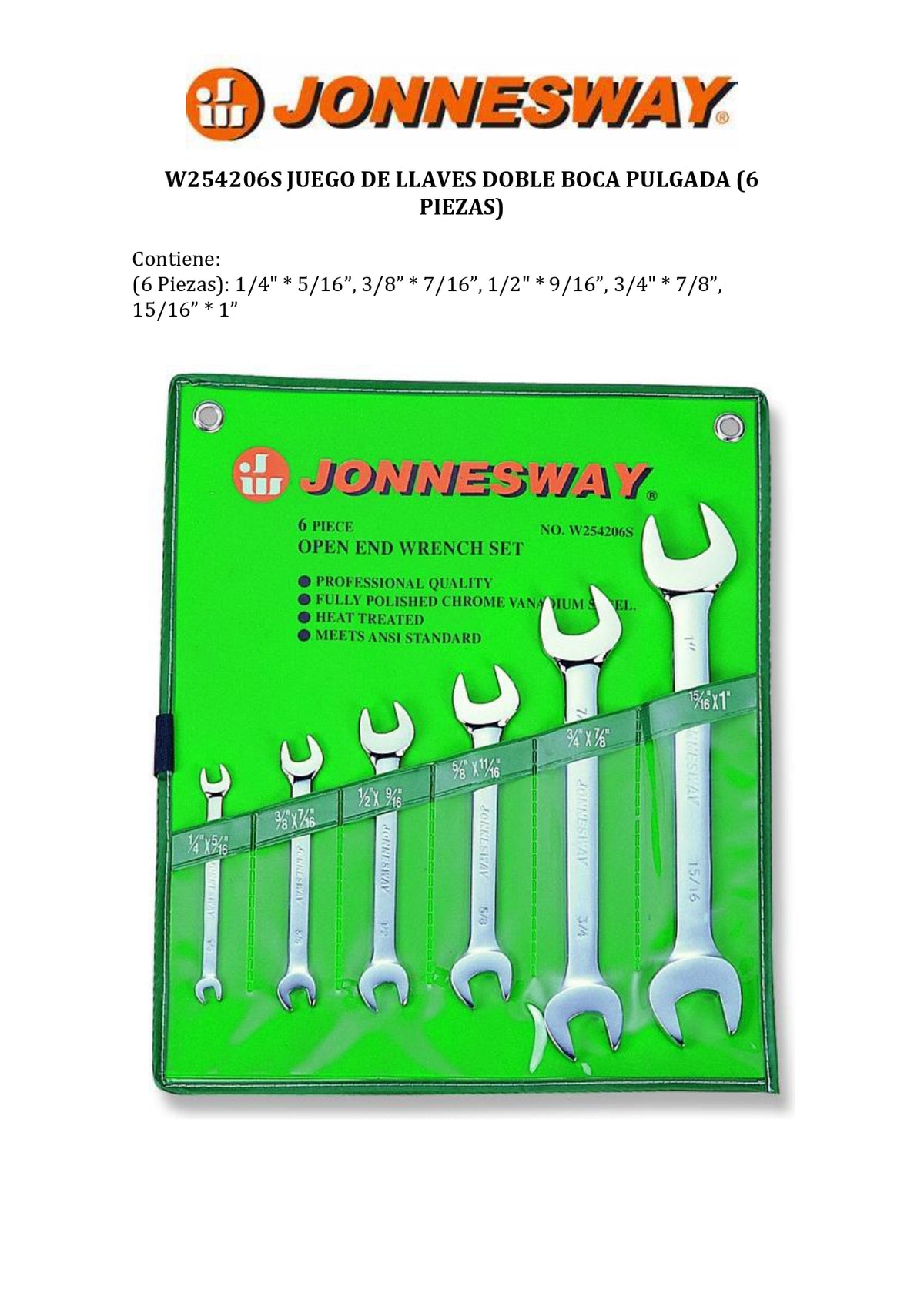 JONNESWAY® JUEGO DE LLAVES DOBLE BOCA PULGADA (6 PIEZAS)