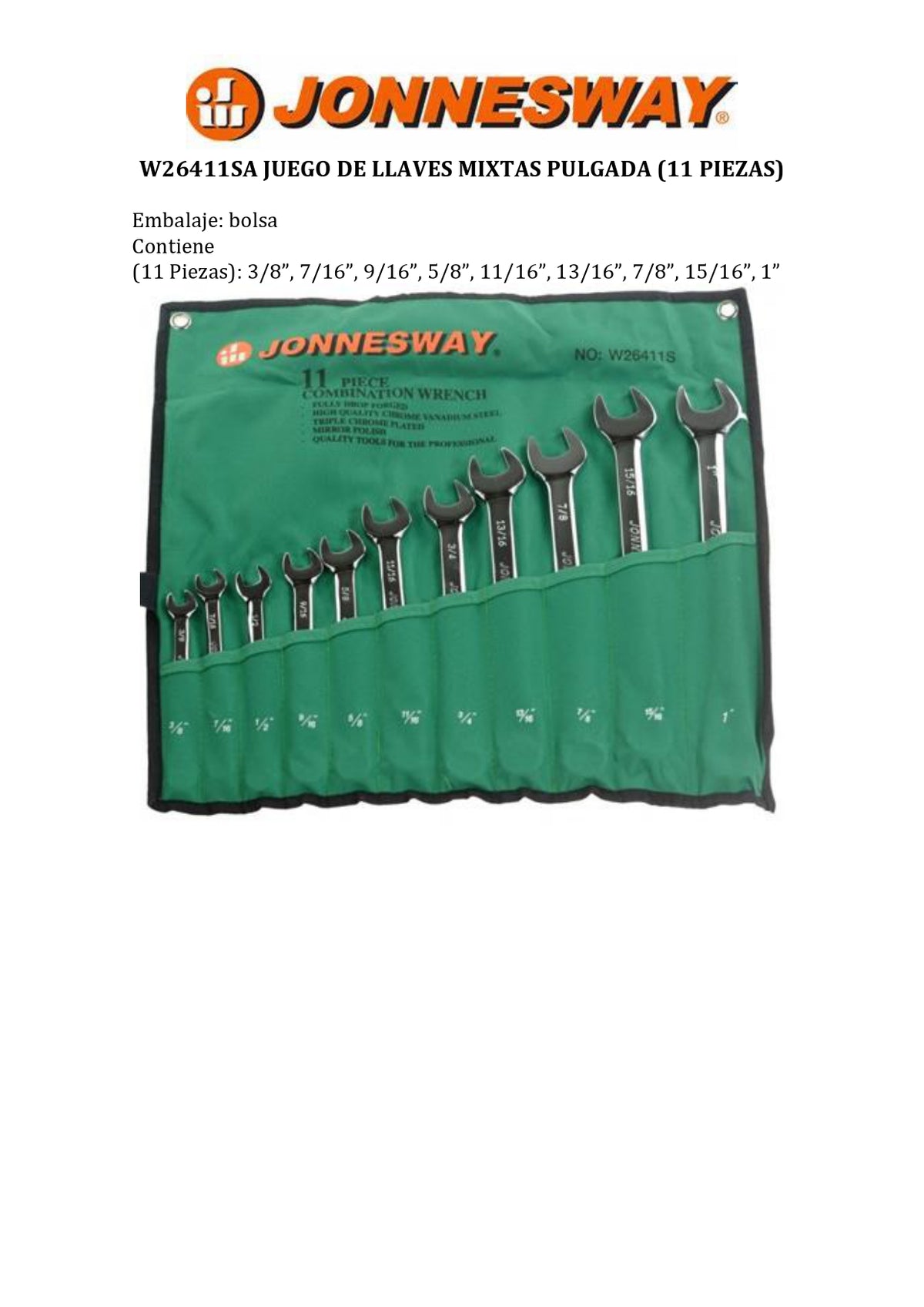 JONNESWAY® COMBINATION WRENCH SET SAE (11 PIECES)
