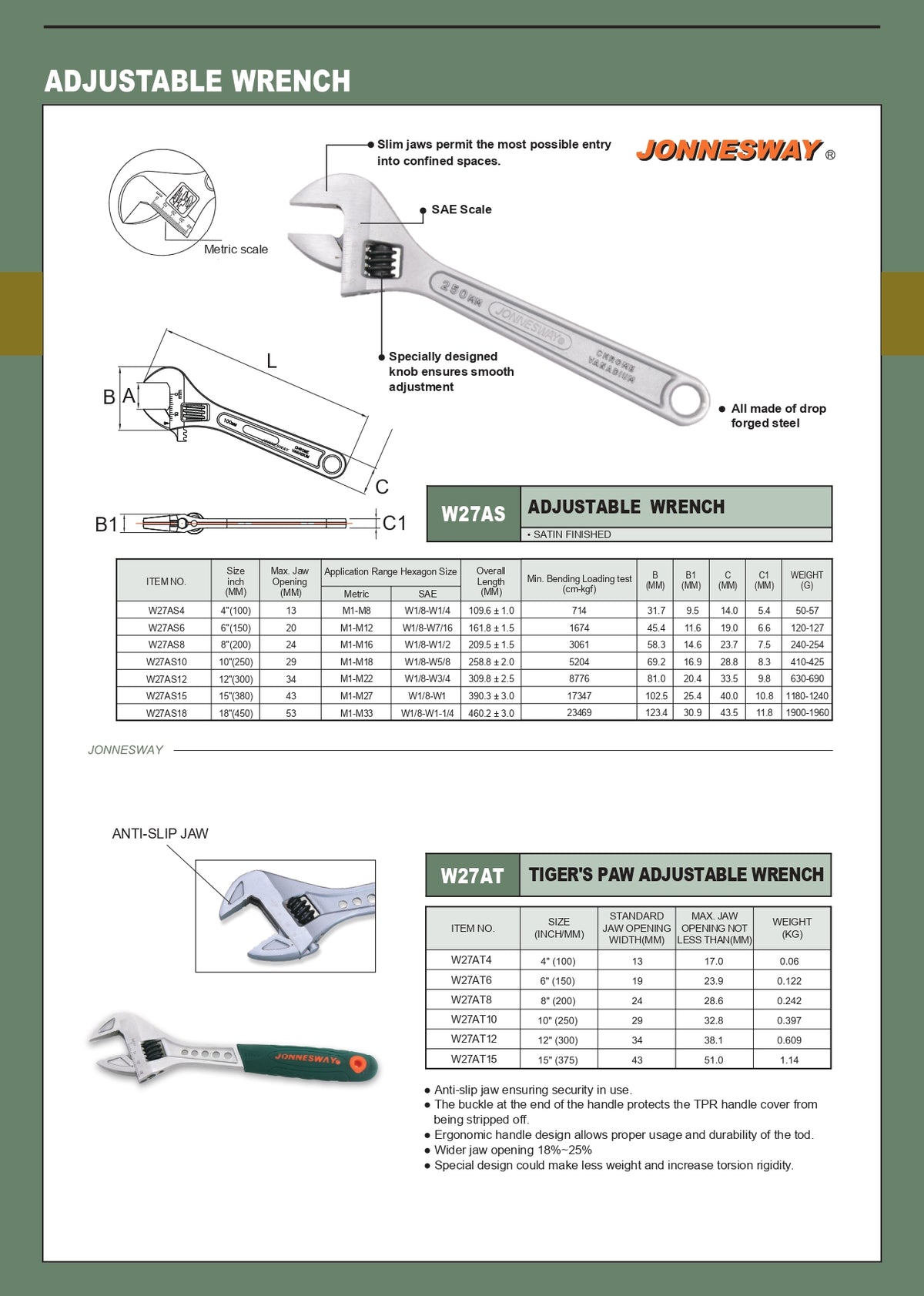 JONNESWAY® LLAVE AJUSTABLE (FRANCESA-INGLESA) 10" (250MM)