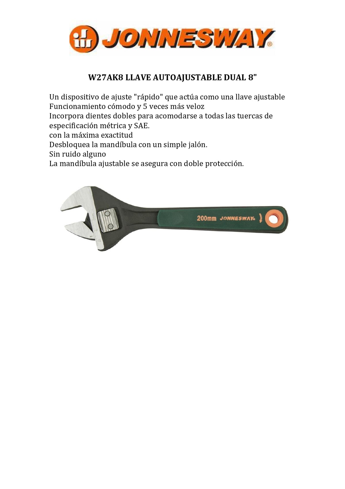 JONNESWAY® DUAL SELF-ADJUSTING WRENCH 8"