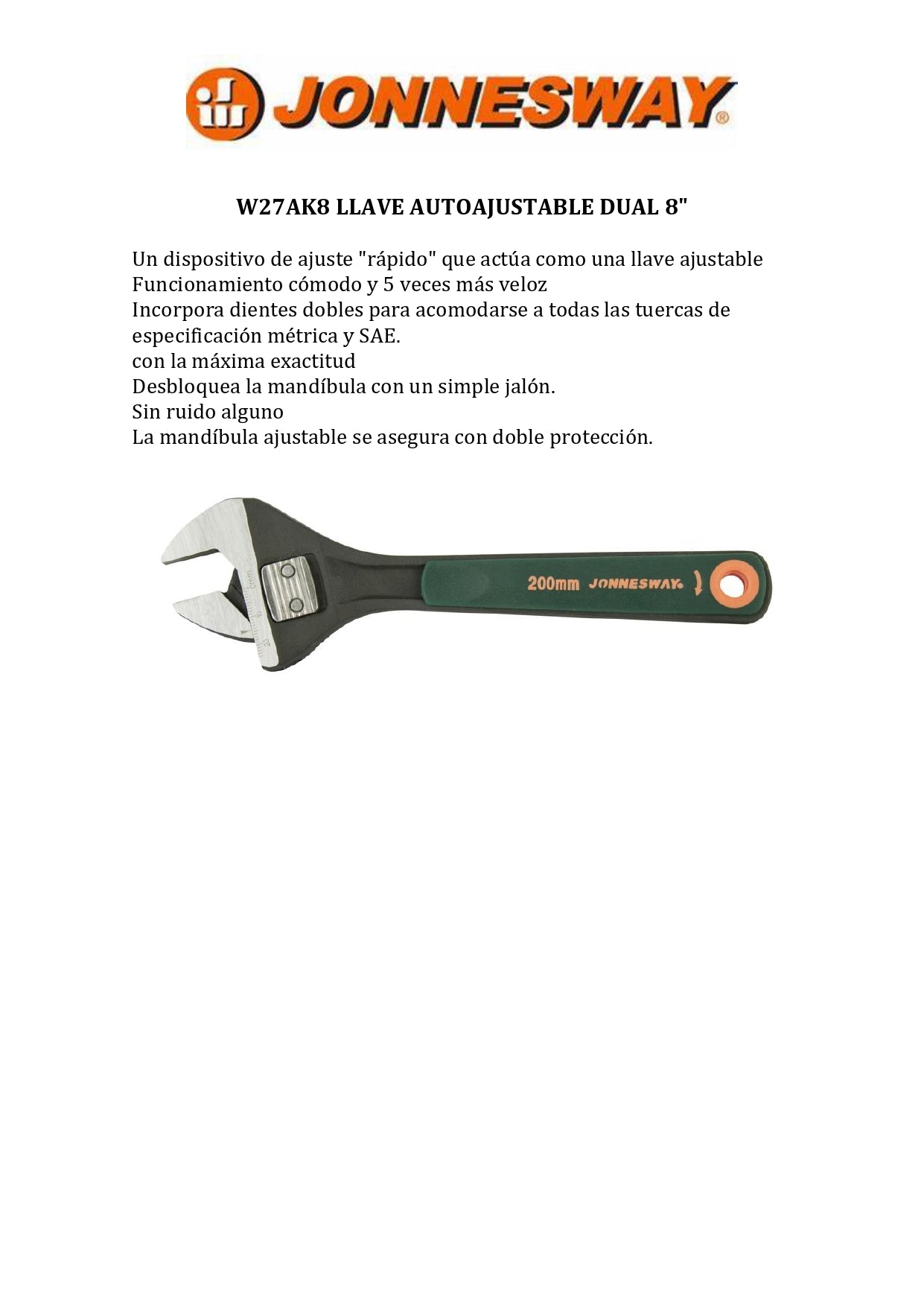 JONNESWAY® LLAVE AUTOAJUSTABLE DUAL 8"