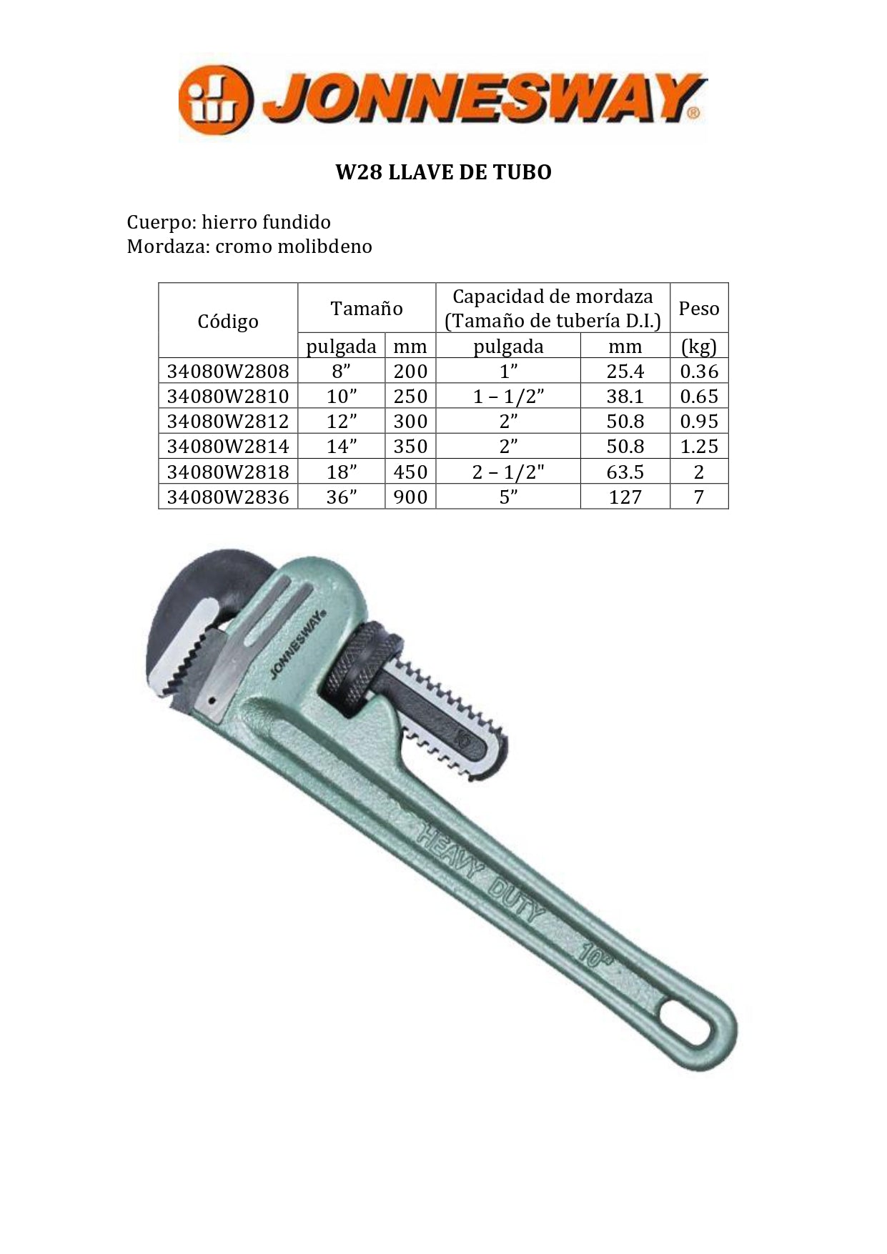 JONNESWAY® LLAVE DE TUBO AJUSTABLE (GRIFA) 36" (900MM)
