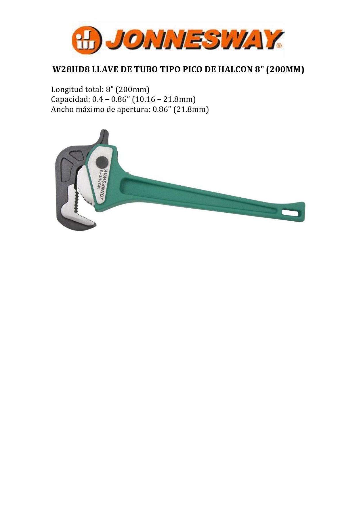 JONNESWAY® LLAVE DE TUBO TIPO PICO DE HALCON 8" (200MM)