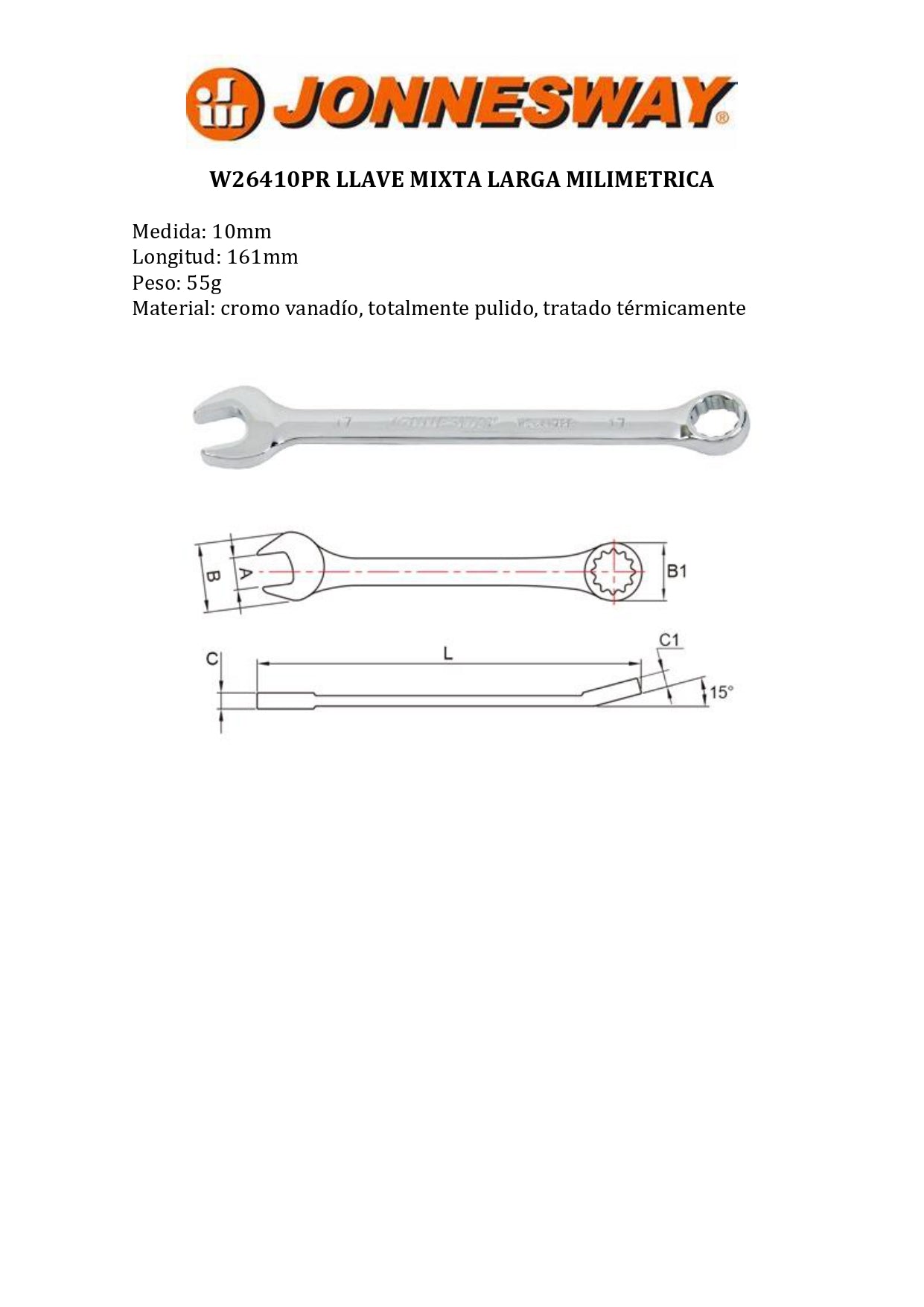 JONNESWAY® LLAVE MIXTA LARGA MILIMETRICA (10MM - 12 PUNTAS)