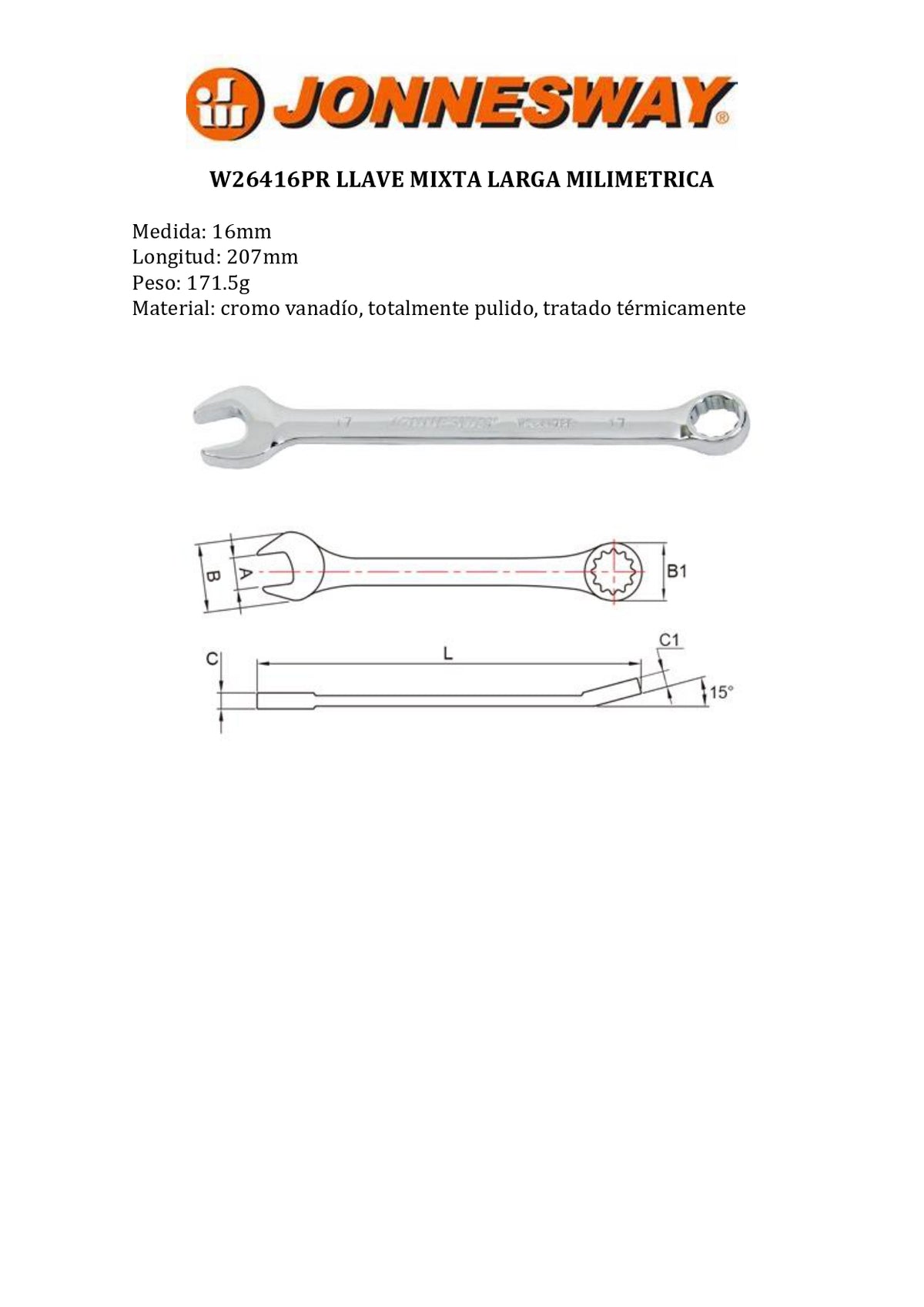 JONNESWAY® LONG METRIC COMBINATION WRENCH (16MM - 12-POINT)