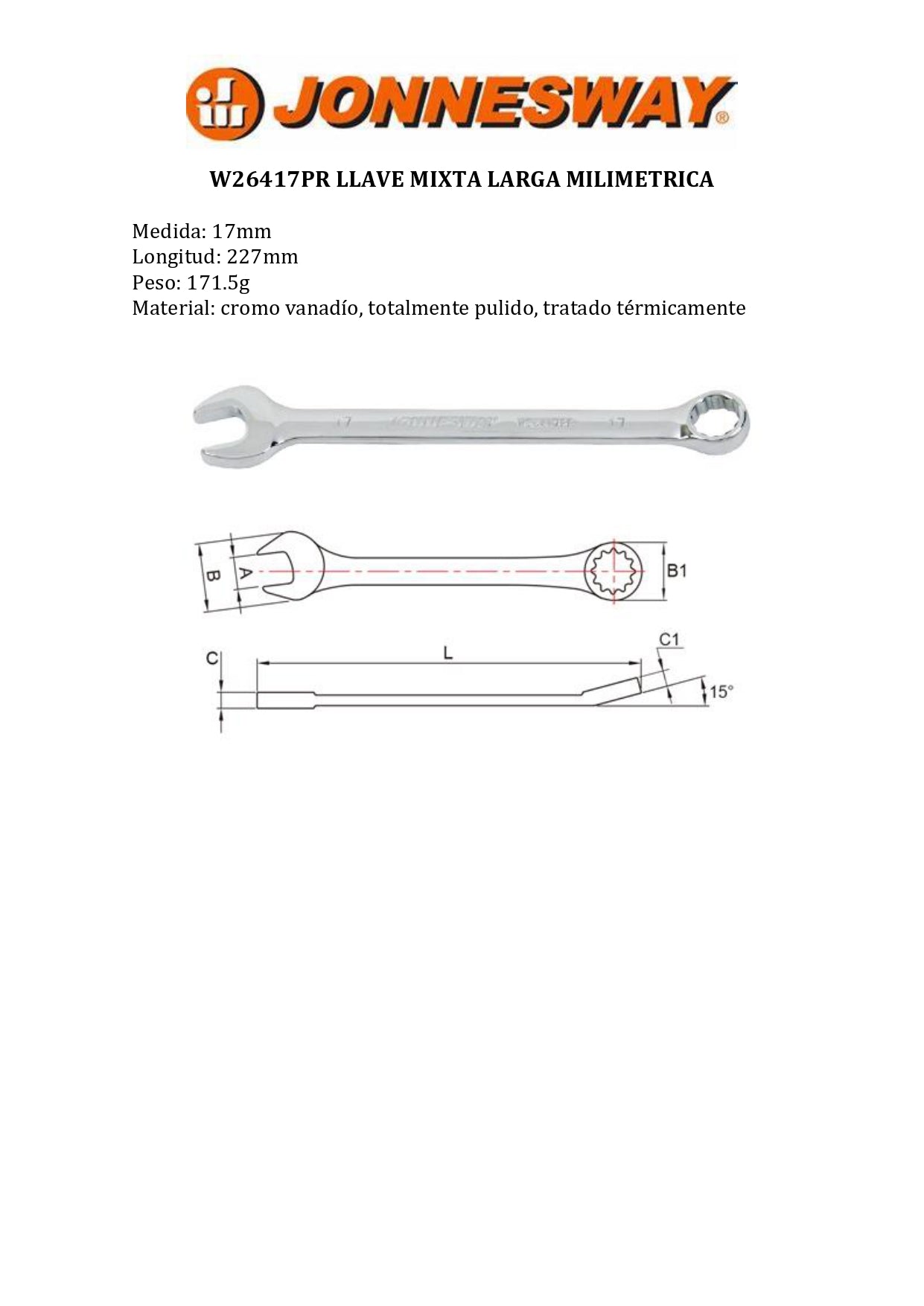JONNESWAY® LLAVE MIXTA LARGA MILIMETRICA (17MM - 12 PUNTAS)