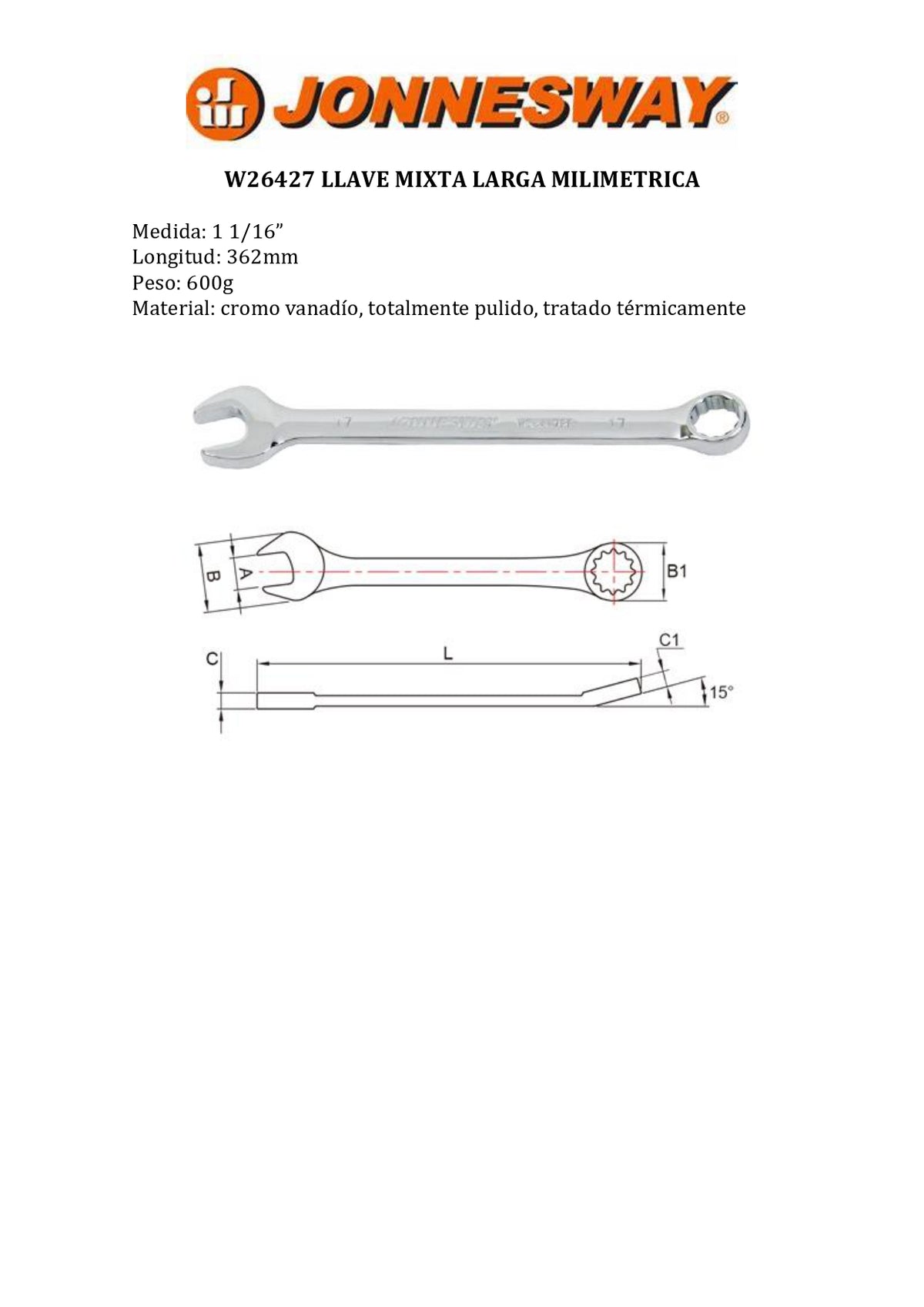 JONNESWAY® LLAVE MIXTA LARGA PULGADA (1-1/16" - 12 PUNTAS)