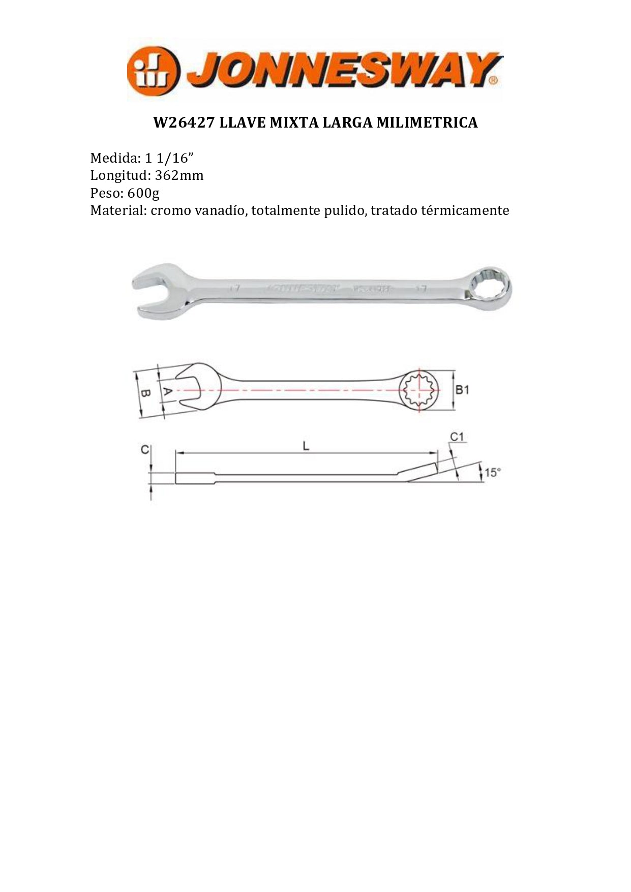 JONNESWAY® LLAVE MIXTA LARGA PULGADA (1-1/16" - 12 PUNTAS)