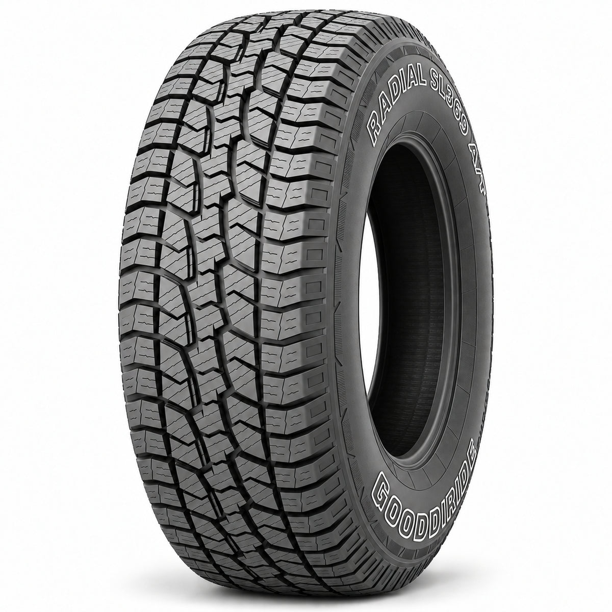 GOODRIDE SL369 A/T sin aro — vista diagonal, letras blancas