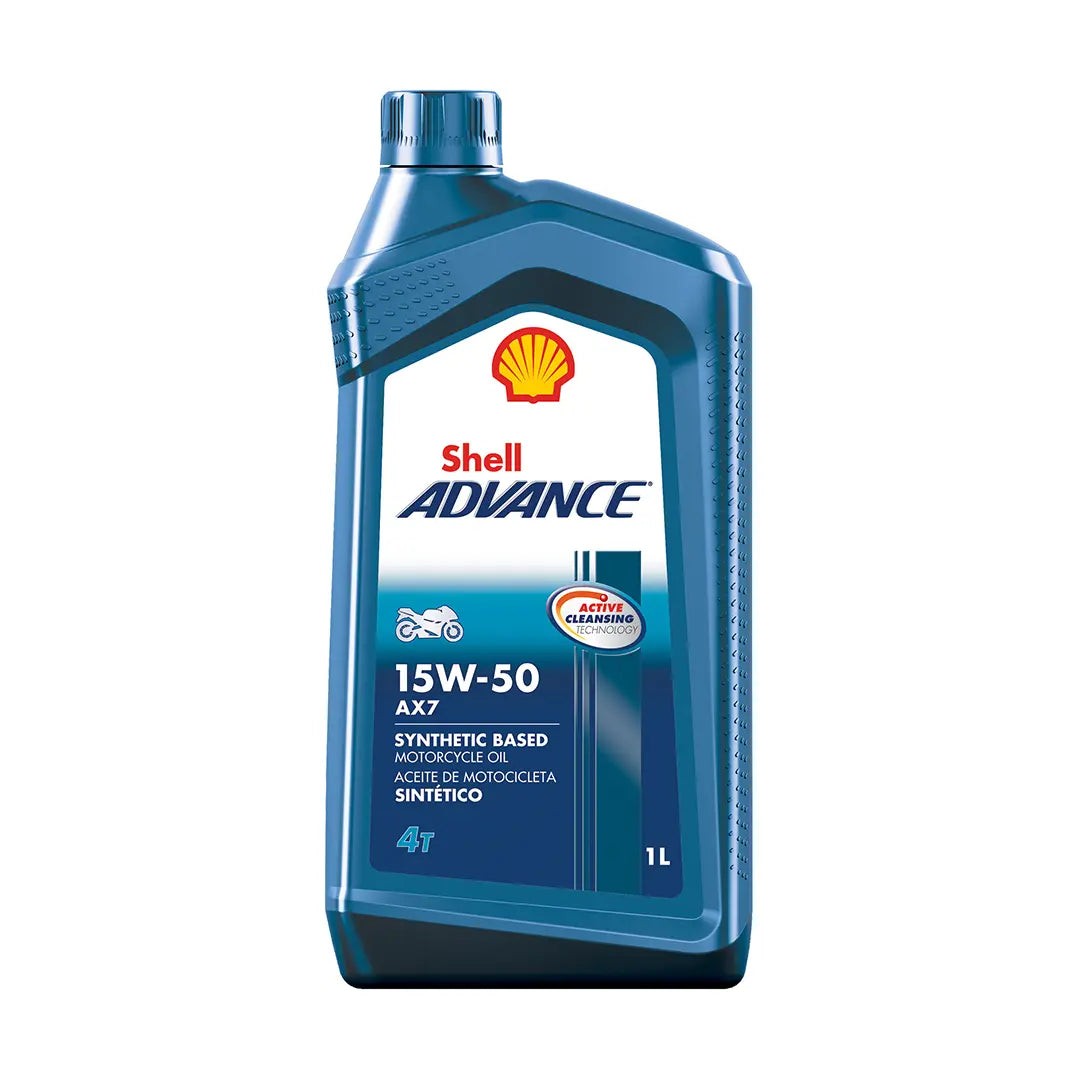 Imagen de Shell ADVANCE 4T AX7 15W50 SN MA2, comercializado en caja de 6 × 1 L. Mantallanta, Ecuador.