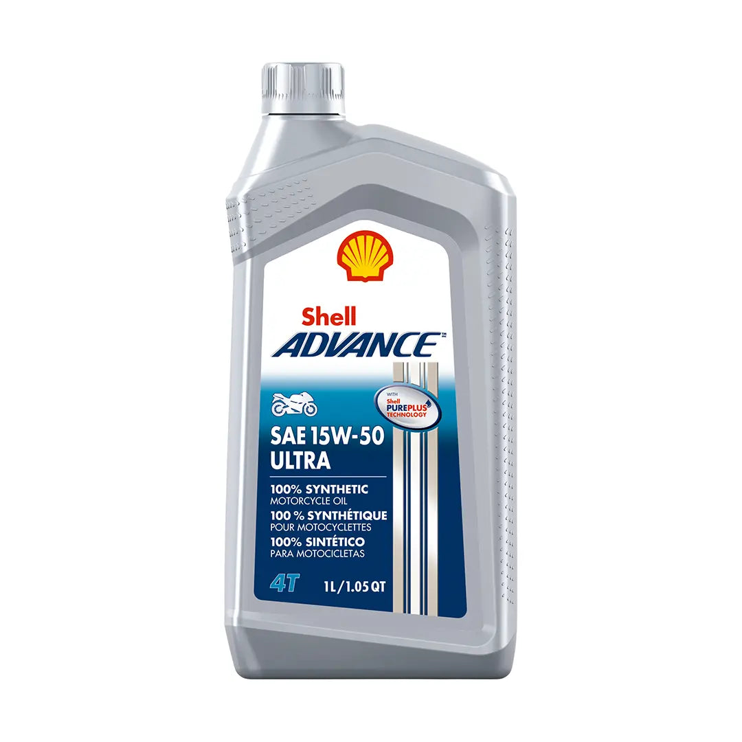 Imagen de Shell ADVANCE 4T ULTRA 15W50, comercializado en caja de 6 × 1 L. Mantallanta, Ecuador.