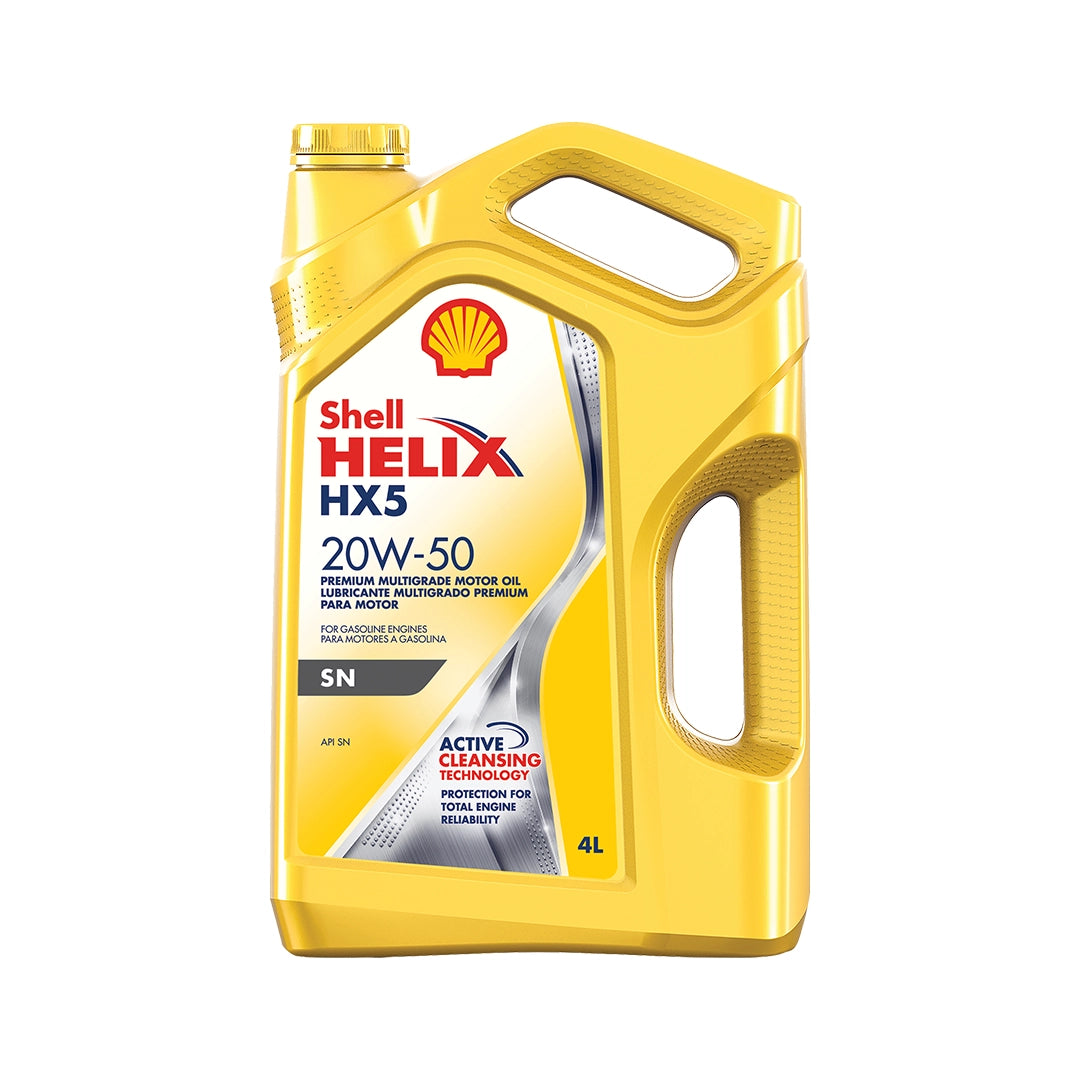 Imagen de Shell HELIX HX5 SN 20W50, comercializado en caja de 3 × 4 L. Mantallanta, Ecuador.